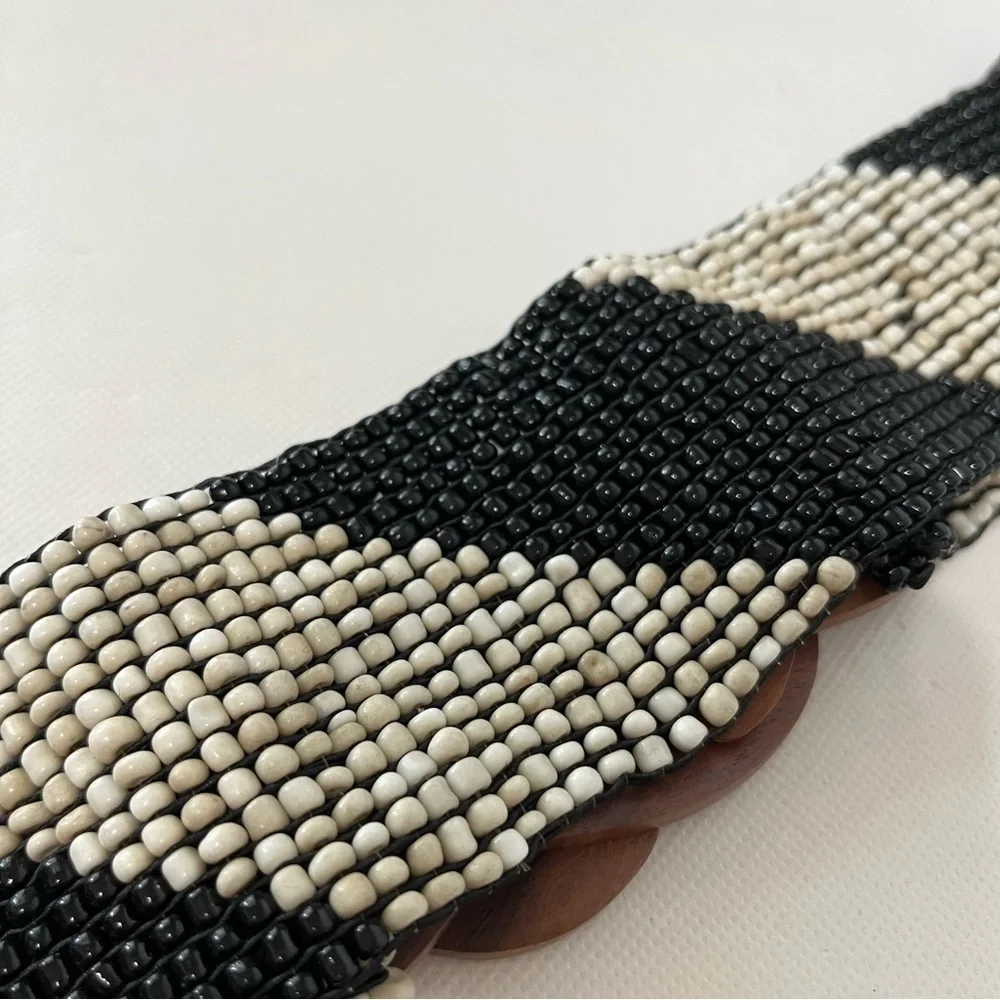 Stretchy Wide Beaded Wooden Buckle Belt